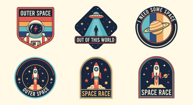 Set of space badges, patches, emblems, badges and labels.