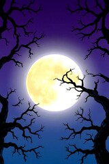 Fototapeta premium Spooky full moon through silhouetted bare tree branches at night