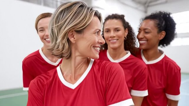 Diverse women athletes wearing red jerseys, smiling confidently in a sports arena, concept of teamwork and empowerment, International Women's Day