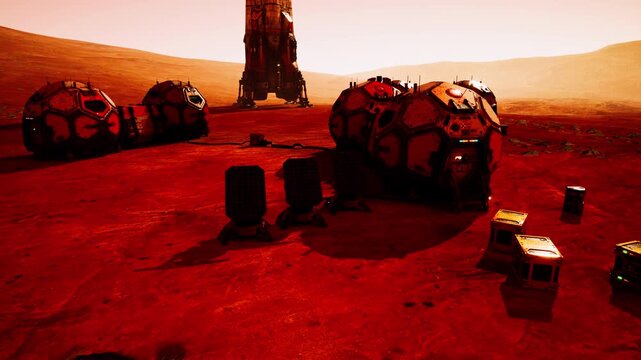 A Martian base is set against a reddish landscape with dome habitat modules and landing equipment. The scene captures the stark beauty of Mars during sunset, highlighting human exploration.