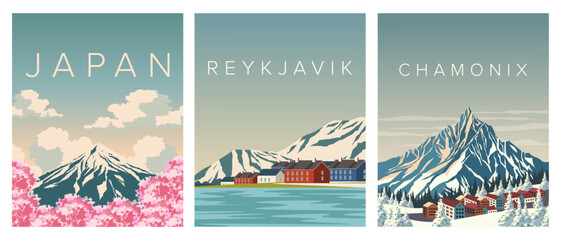 Set of travel posters, Reykjavik, Japan, Chamonix, travel banners, postcards