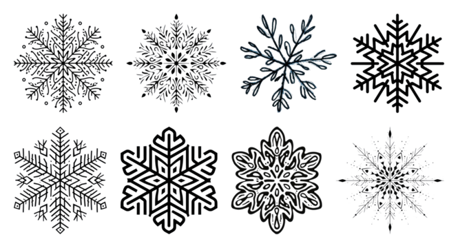 PNG Intricate black snowflake designs, element set on transparent background