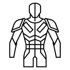 Outline drawing of futuristic body armor or superhero suit for a human torso, with geometric and angular design.