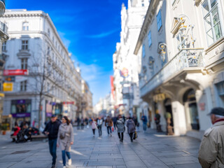 Crowd of anonymous people walking on busy city street