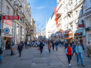 Crowd of anonymous people walking on busy city street