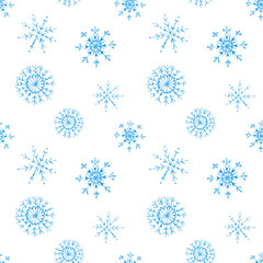 Seamless Christmas pattern with blue snowflakes. Cute new year background. Vector illustration for design wrapping paper, wallpaper, textile