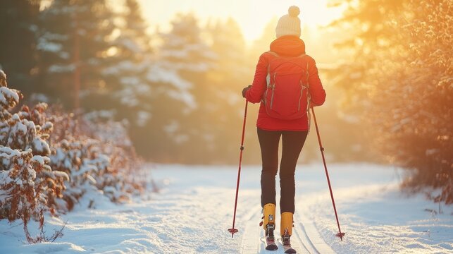 Tranquil Winter Landscape Adventurer Enjoys Cross-Country Skiing Through Snowy Forest Trail Bliss