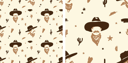 Western Cowboy Seamless Pattern – Cowboy Hat & Bandana Faces with Cactus, Stars