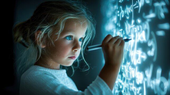 Child coding with AI integrated security, A young child intensely writes on a glowing surface filled with mathematical equations, curiosity and creativity