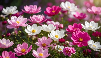 Fototapeta premium Close-up of a beautiful pink cosmos flower revealing its delicate petals in a summer garden
