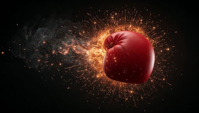 Red boxing glove exploding with sparks and smoke on a black background