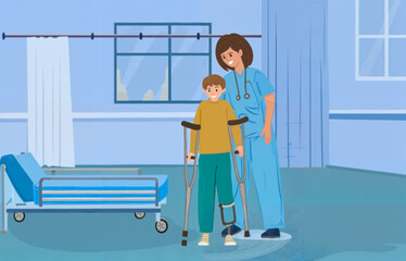 Nurse helping injured child walk with crutches during pediatric rehabilitation in hospital room, physiotherapy support, medical care and recovery, vector illustration for healthcare education concepts