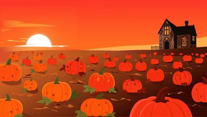 Pumpkin Field at Sunset Halloween Landscape