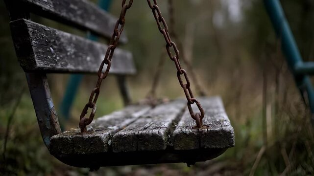 Wooden swing hangs from rusty chains as chains drape over the wooden seat. The wooden bench swing is set in a quiet, blurred green background.