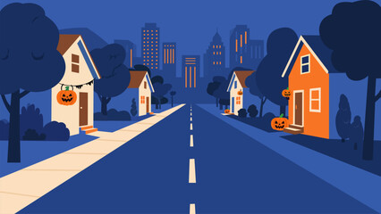 Halloween Night Neighborhood Street with Pumpkins
