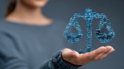Child coding with AI integrated security, A person holds a digital representation of a scale, justice and balance, against a neutral background