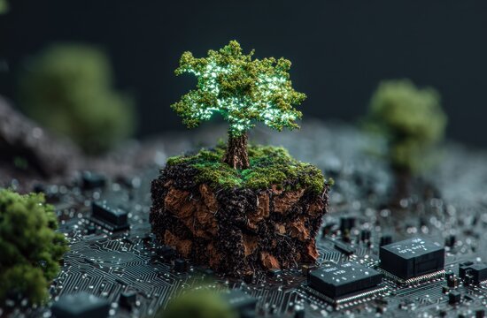 Miniature illuminated tree growing on a floating island above a circuit board - Powered by Adobe