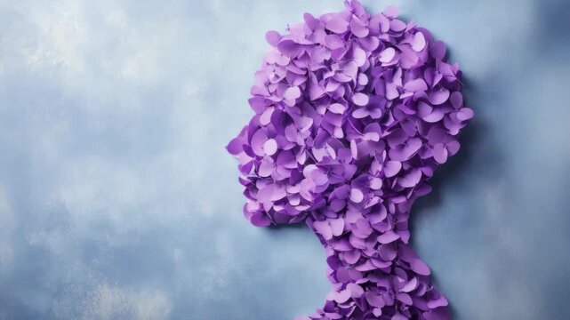 Purple paper flowers arranged in human profile against blue background