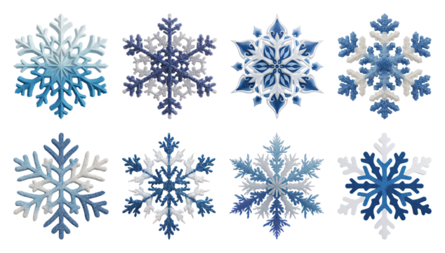 PNG Intricate blue snowflake designs, element set on transparent background