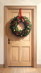 A festive Christmas wreath made of pine branches, adorned with red and gold ornaments and a ribbon, hanging on wooden doors.