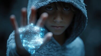 Child coding with AI integrated security, A young boy in a hooded garment extends his hand, displaying a glowing digital shield, themes of protection and technology