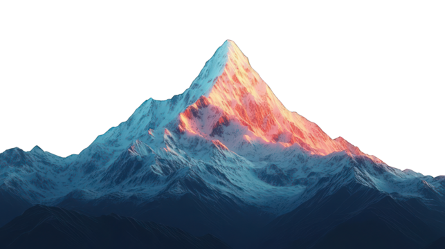 Snowy mountain peak lit by warm sunrise, against a stark black background