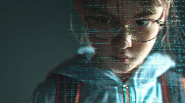 Child coding with AI integrated security, A focused child with glasses gazes intently, surrounded by digital code, a blend of curiosity and technology - Powered by Adobe