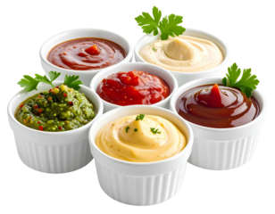 Variety of dipping sauces in white ceramic bowls isolated on transparent background_