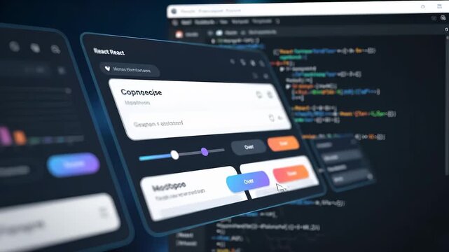 A digital interface displays code with colorful data charts, where code and graphics interact dynamically. The interface highlights code lines and visual graphics together.