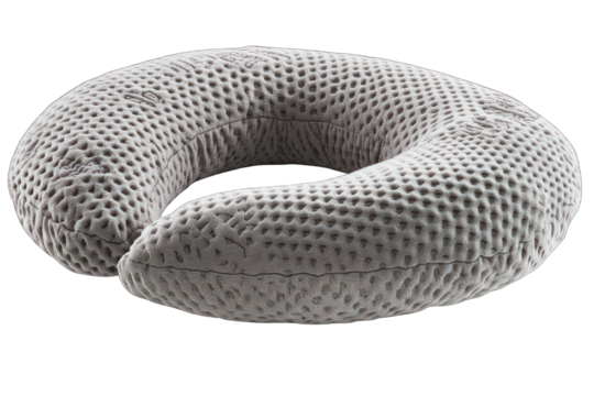 Soft, gray, textured travel neck pillow isolated against a black background