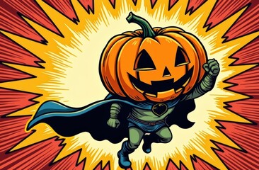 Pumpkin-headed superhero in action with explosive background