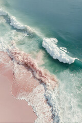 Fototapeta premium Pink sand beach waves meeting turquoise ocean from aerial view