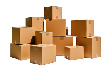 Stacked plain cardboard boxes of varying sizes, arranged in a pyramid shape
