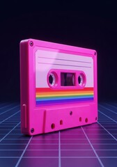 Obraz premium Retro pink cassette with rainbow stripe on neon grid background