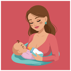 Vector illustration of a young mother gently feeding her newborn baby