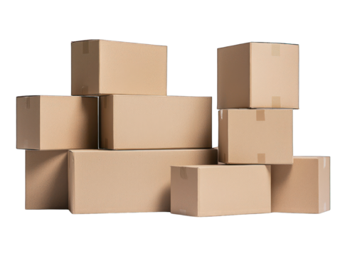 Stacked brown cardboard boxes of various sizes against black backdrop