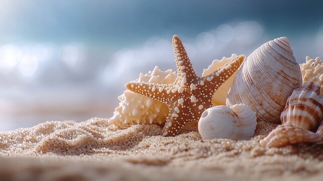 starfish and shells on the beach and beautiful sea waves
