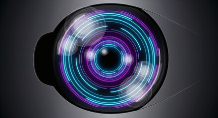 Abstract digital eye with glowing blue and purple concentric circles on a dark background representing future vision and data.