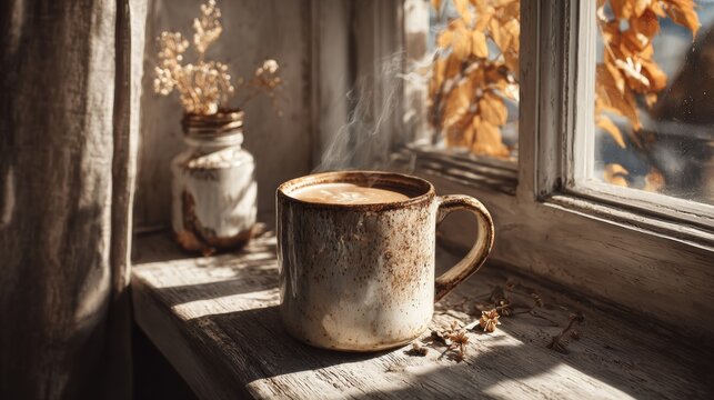 Embracing the warmth of cozy fall mornings with a cup of tea. Newsworthy image. A quiet autumn morning with a steaming cup overlooking colorful leaves. Simple life. True vision.