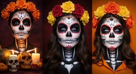 Day of the Dead Trio: A captivating composition showcasing three women adorned in intricate sugar skull makeup and floral crowns, celebrating the vibrant traditions of the Day of the Dead.