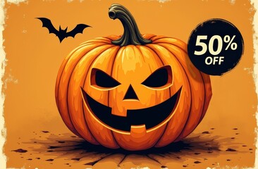 Halloween pumpkin with spooky face and bat on 50% off sale poster