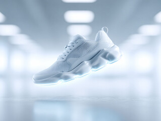 Futuristic sneaker levitating in a clean, minimalist setting. Perfect for illustrating innovation, technology, sports, and cuttingedge design concepts. Monochromatic.