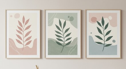 Abstract Botanical Art: Modern, minimalist aesthetic of framed art, showcasing plant leaves in soft, muted colors and organic shapes, perfect for contemporary home decor and design. 