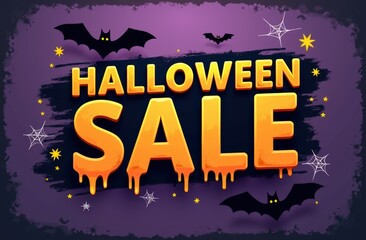 Halloween sale banner with spooky bats and spider webs on purple background