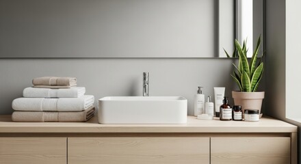 A modern bathroom interior with a rectangular sink, a stack of towels, personal care products, a plant, and a mirror, creating a minimalist aesthetic