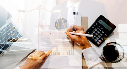 Business and lawyers discussing contract papers with brass scale on desk in office. Law, legal services, advice, justice and law concept picture with film grain effect