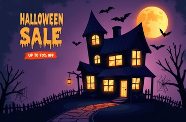 Halloween sale: spooky haunted house with full moon and bats offering up to 70% discount