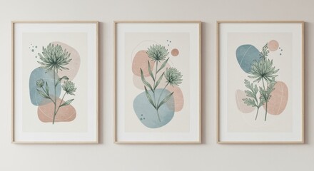 Elegant Floral Art: A set of three framed art prints showcasing delicate botanical illustrations, blending soft colors and minimalist design to create a serene and stylish display.