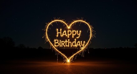Fototapeta premium Glowing Heart Birthday Wishes: An artistic heart-shaped display of sparkling lights forms the warm wish of Happy Birthday.