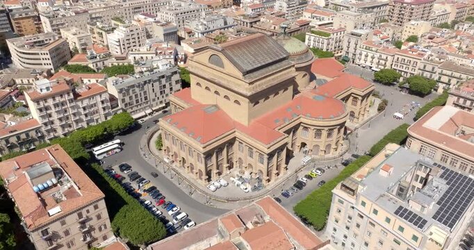 Aerial view of Teatro Massimo, an opera house and theater located on Verdi Square in Palermo, Sicily. It was dedicated to King Victor Emmanuel II. It's the biggest theatre in Italy.